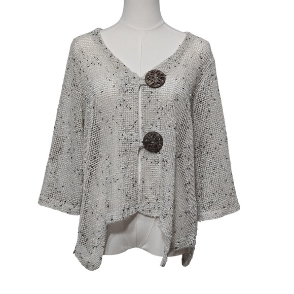 Nina Leonard Sweater Womens Large Gray White Textured Open Front Cardigan Boho - Picture 1 of 15